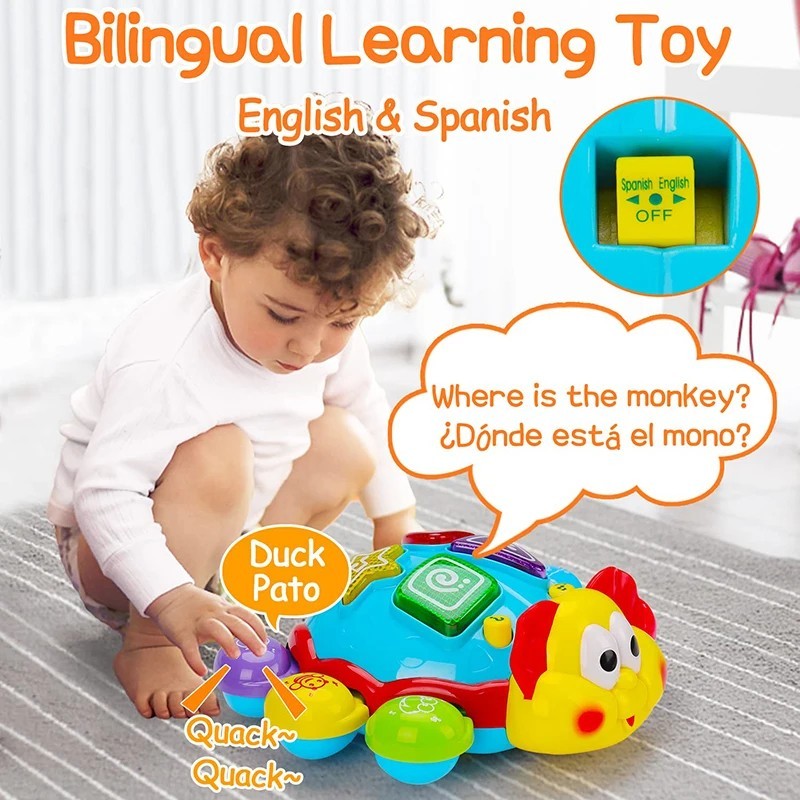 360° Musical Crawling Turtle Toy with Light Up, Bilingual Learning, Animal Sounds, Safe for Months 6+