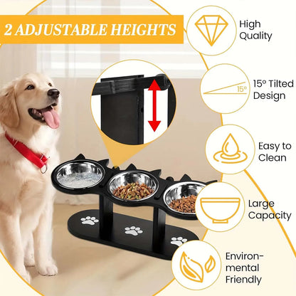 Pet Raised Food Bowl with 3 Metal Feeding Stations