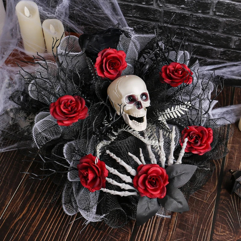 Spooky Red Flower Skull Wreath for Front Door