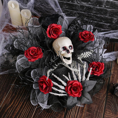 Spooky Red Flower Skull Wreath for Front Door