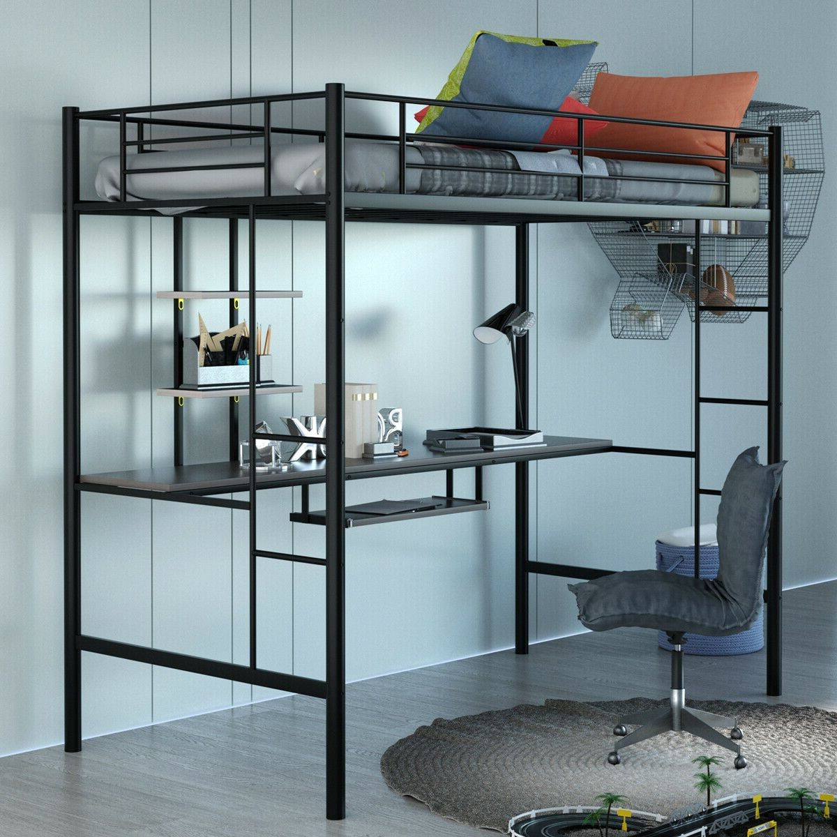 Space Saving Twin Metal Bunk Bed Frame With Desk
