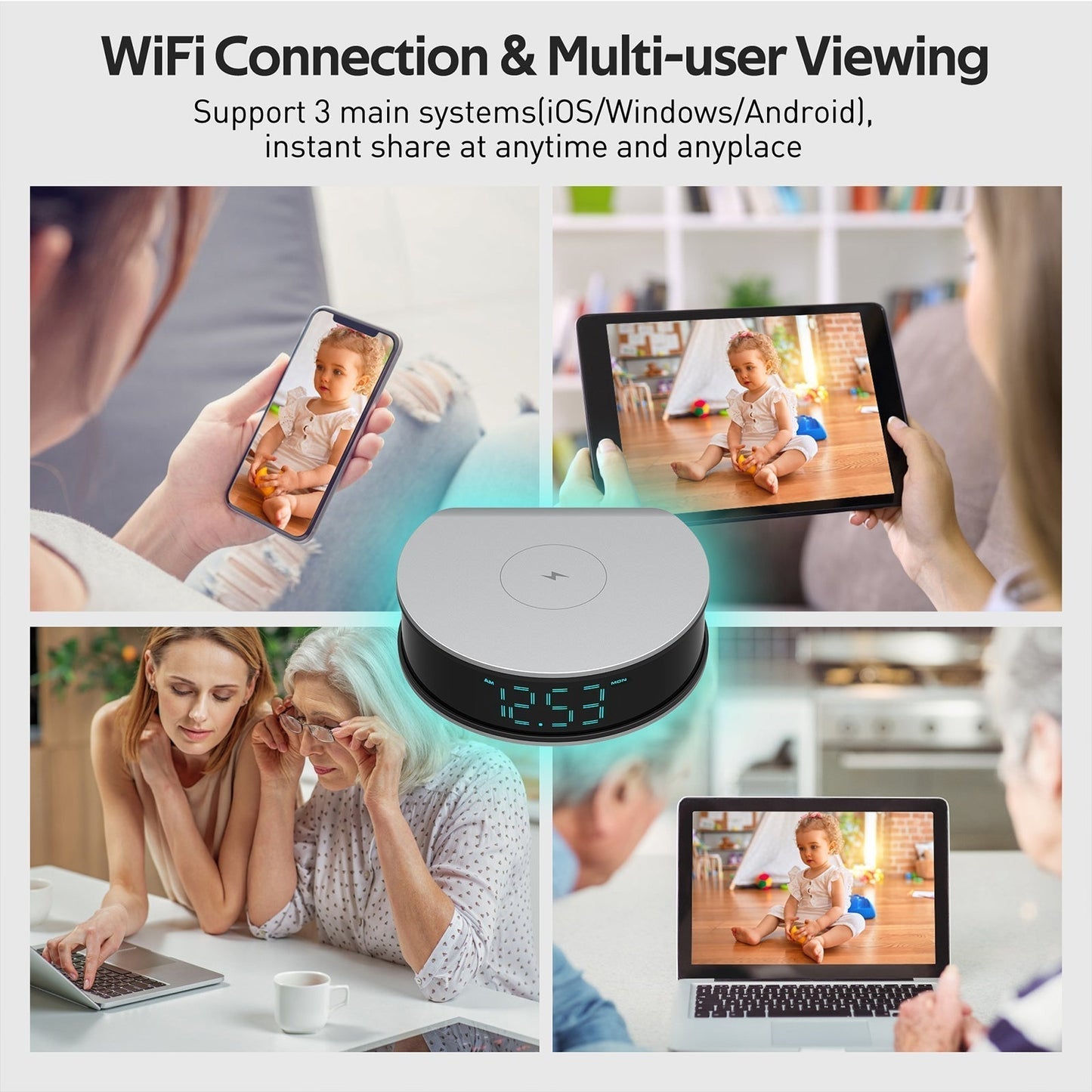 HD Spy Clock with Fast Wireless Charging and Motion Alert
