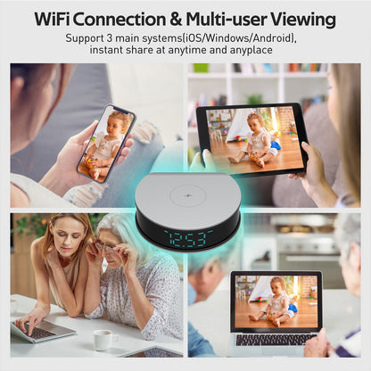 HD Spy Clock with Fast Wireless Charging and Motion Alert