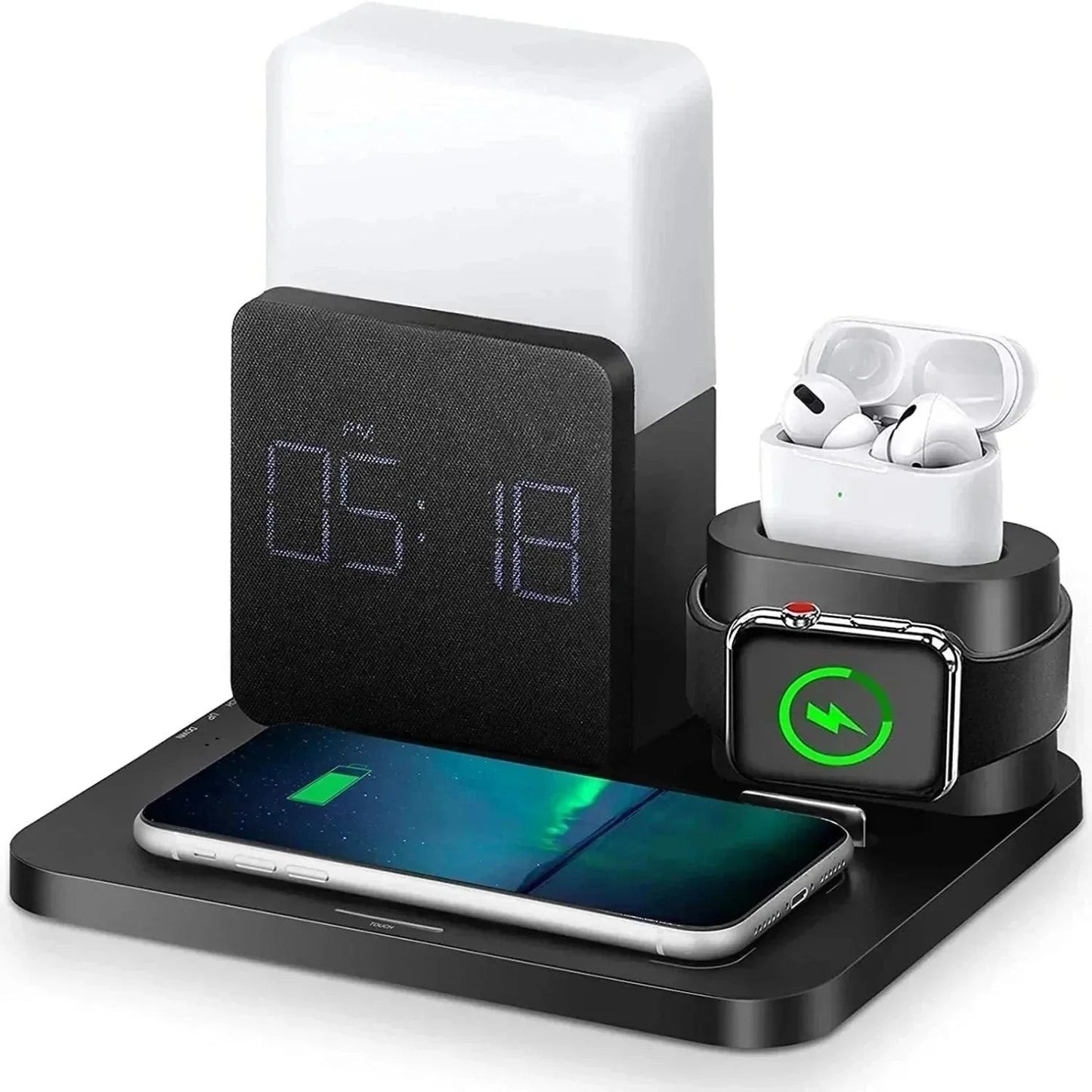 4-in-1 Fast Wireless Charger Station with Alarm Clock and Adjustable Lamp – Multi-Device Charging for iPhone and Samsung Devices 2