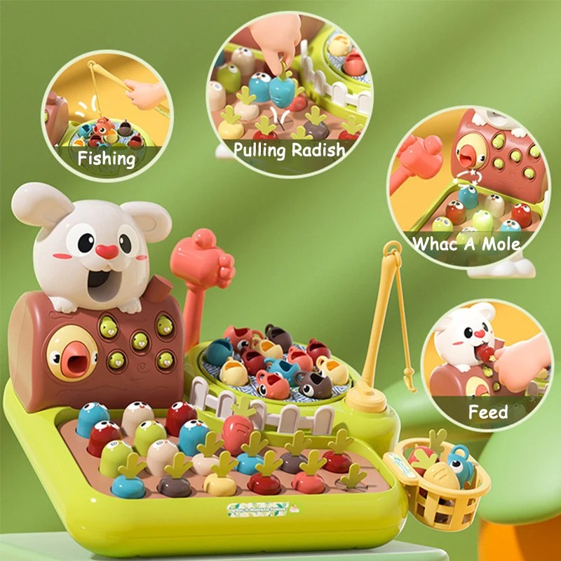 4-in-1 Montessori Baby Activity Toy With Fishing, Whac-A-Mole, Pull Carrot, Feeding For Ages 1+