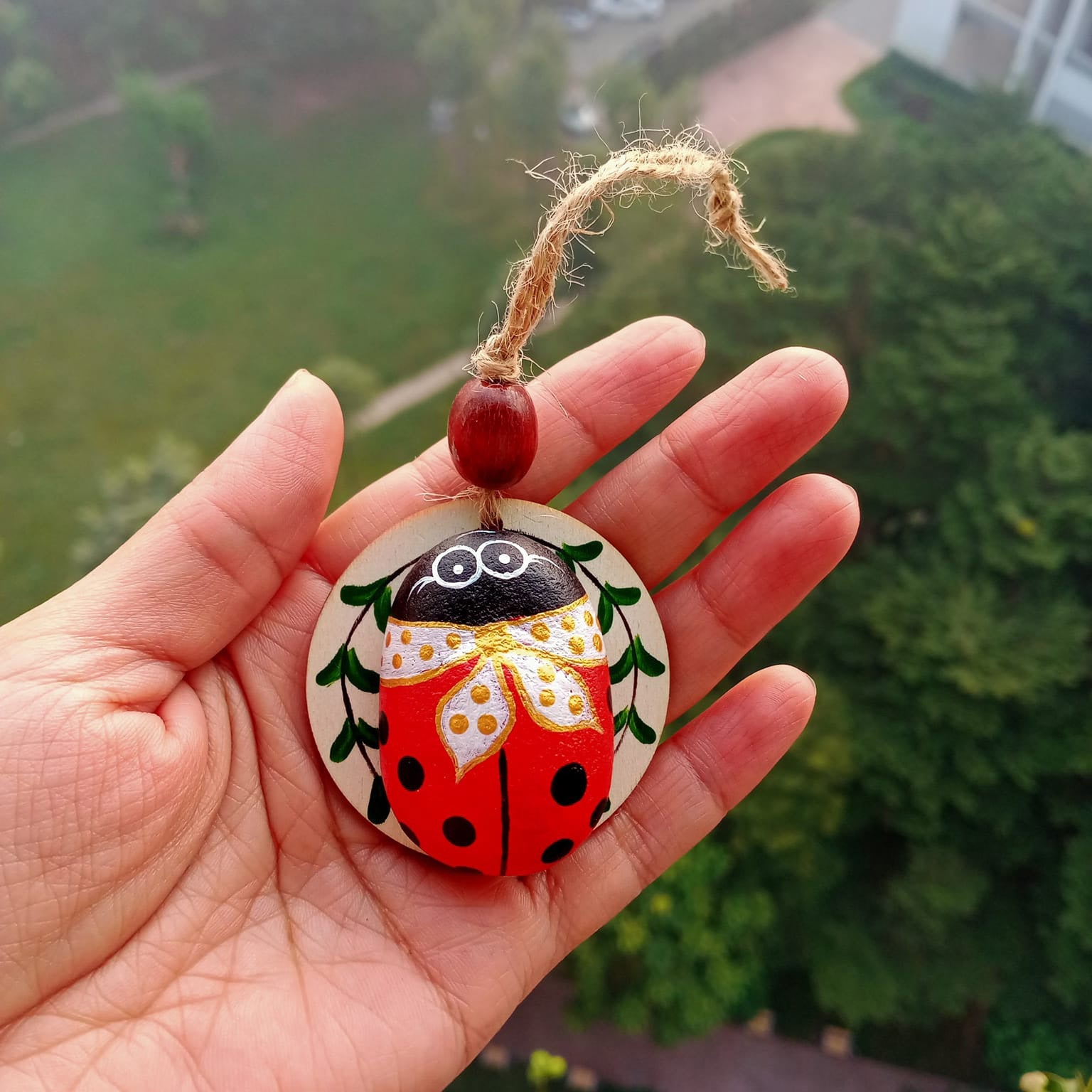 Insect-Painted Pebble Keychain