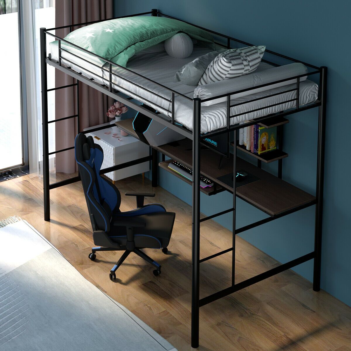Space Saving Twin Metal Bunk Bed Frame With Desk
