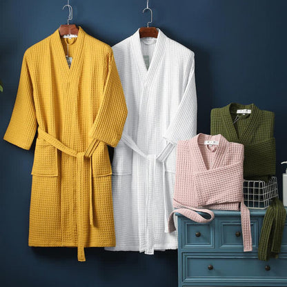 Soft Cotton Waffle Spa Robe with Classic V Neck