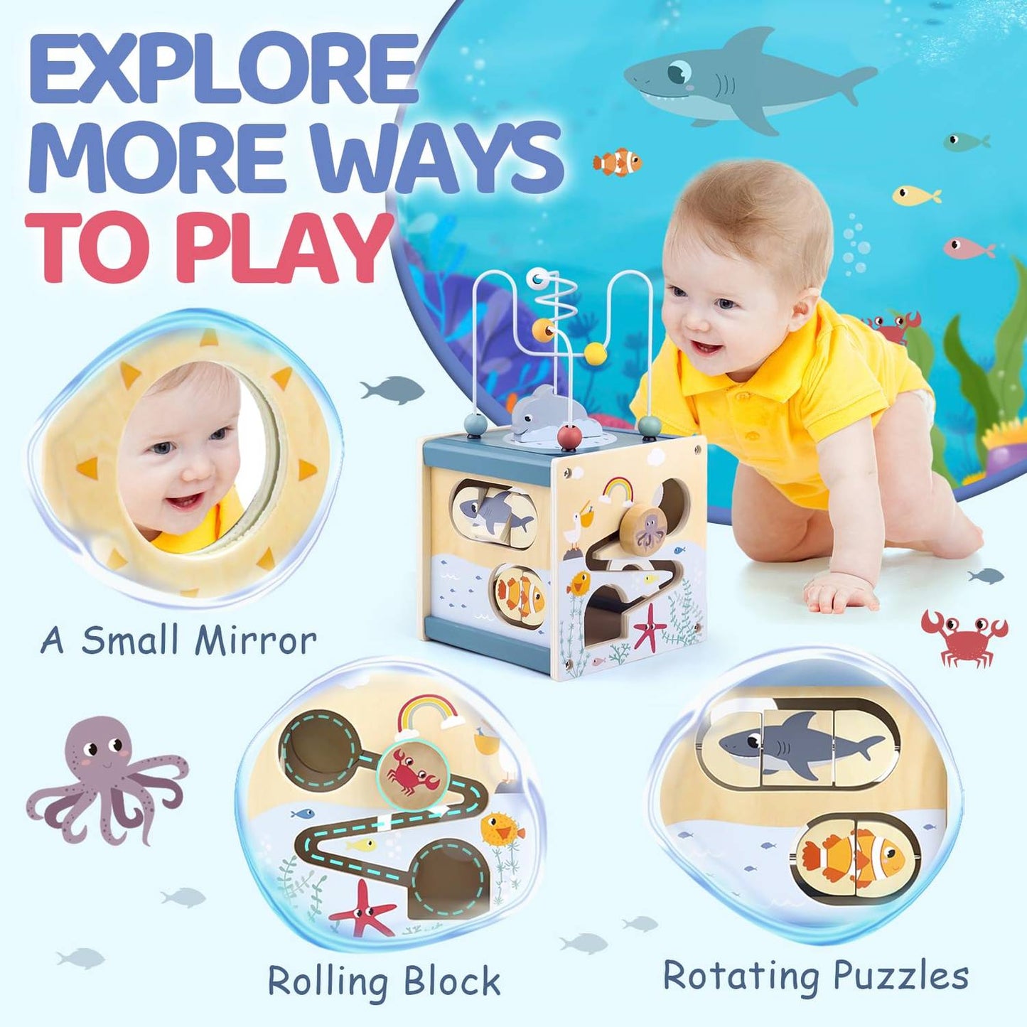 5-in-1 Montessori Wooden Activity Cube Toy, Educational Game, Safe for Toddlers 12 Months+