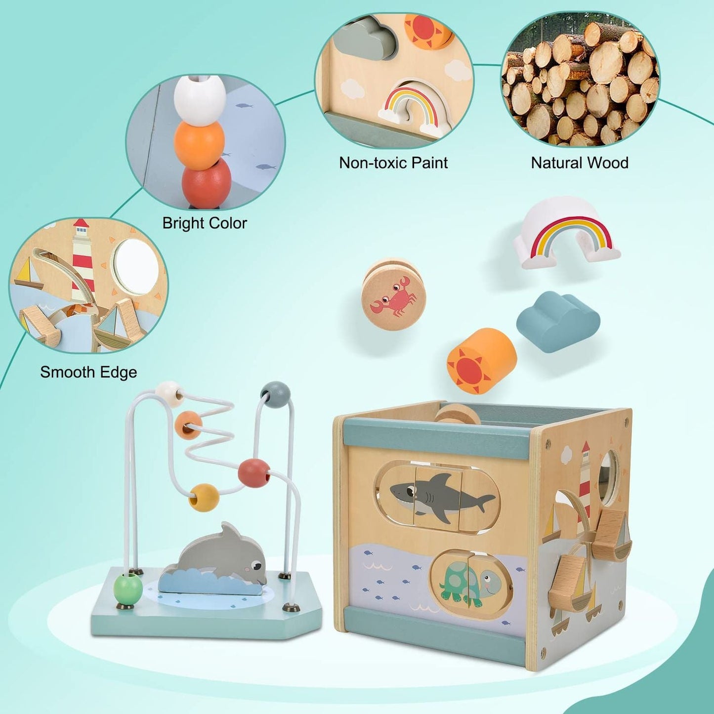 5-in-1 Montessori Wooden Activity Cube Toy, Educational Game, Safe for Toddlers 12 Months+