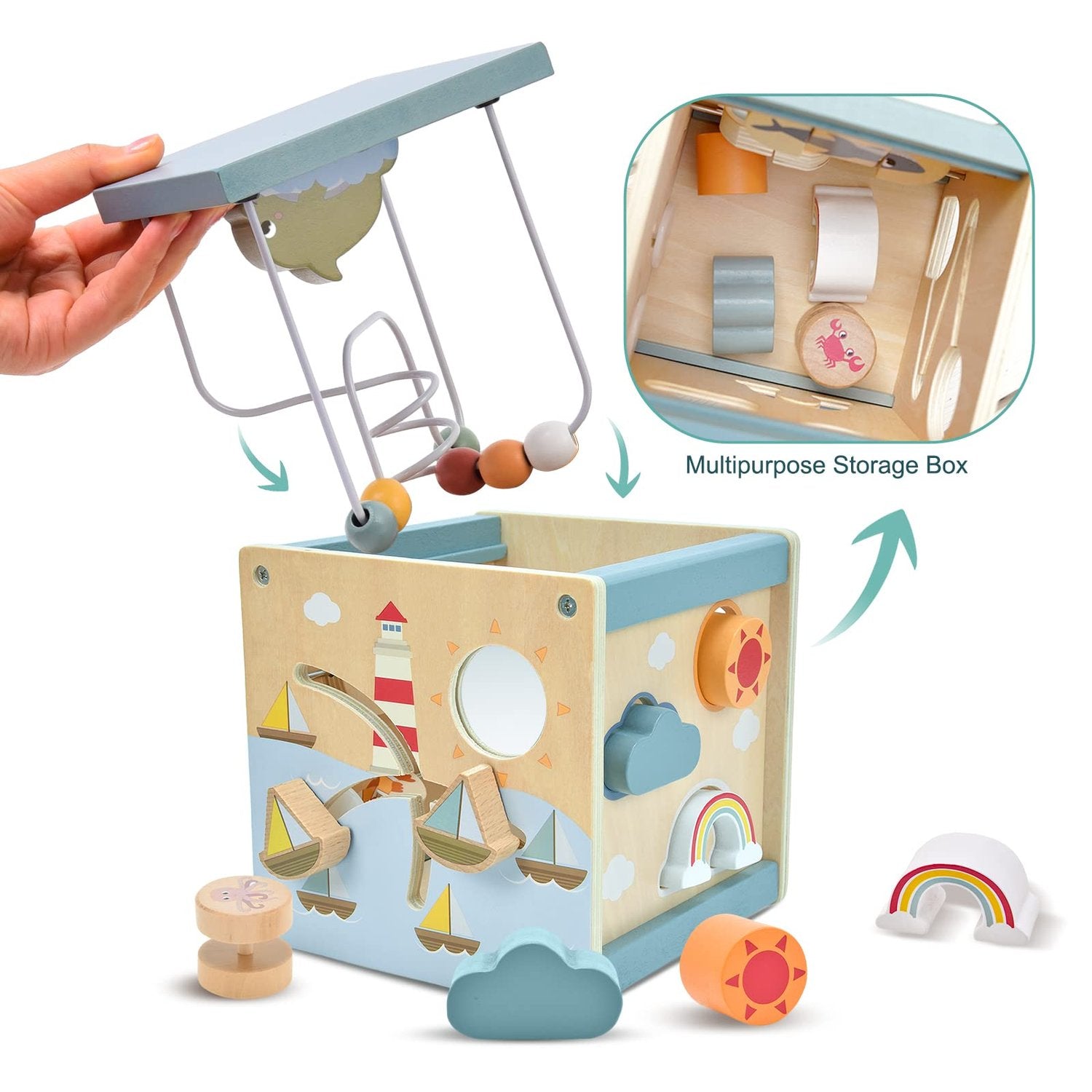 5-in-1 Montessori Wooden Activity Cube Toy, Educational Game, Safe for Toddlers 12 Months+