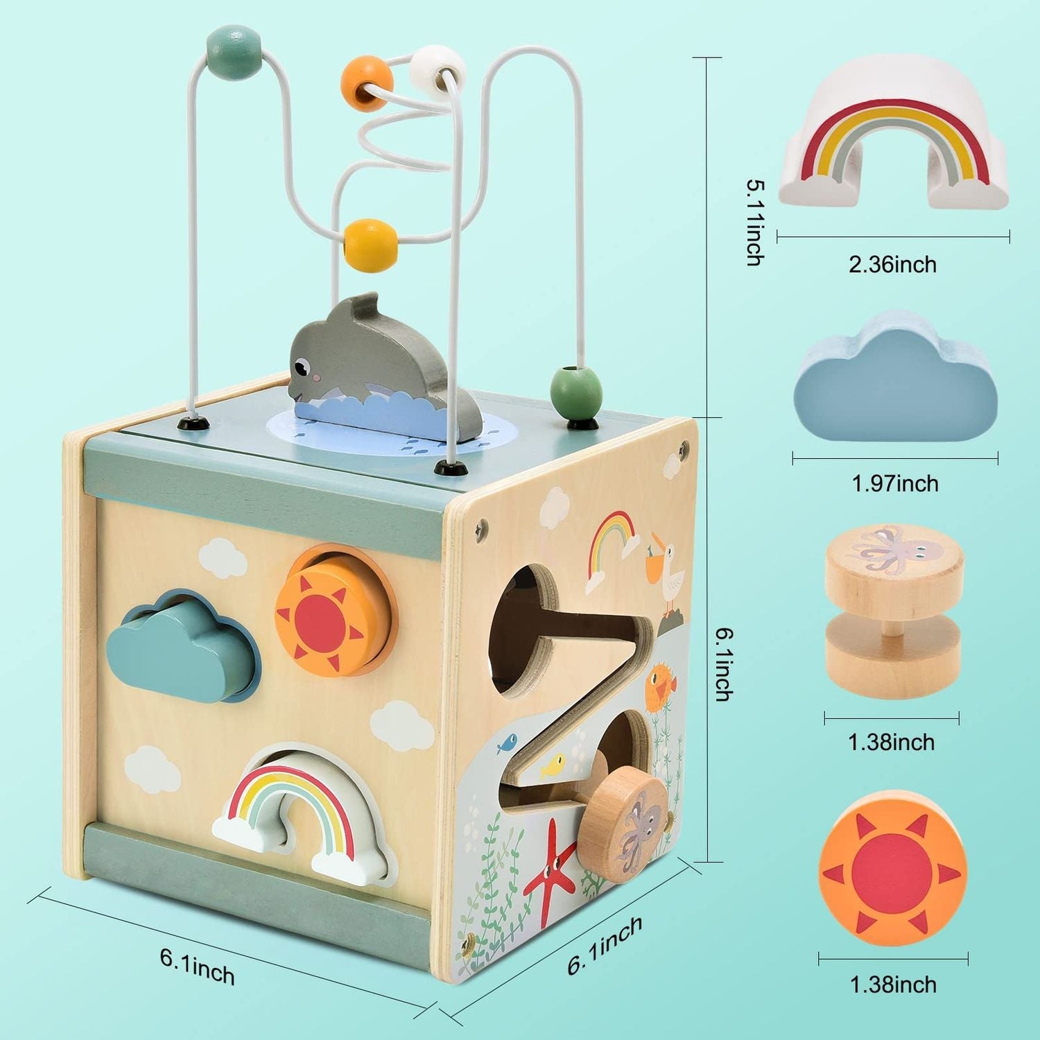 5-in-1 Montessori Wooden Activity Cube Toy, Educational Game, Safe for Toddlers 12 Months+