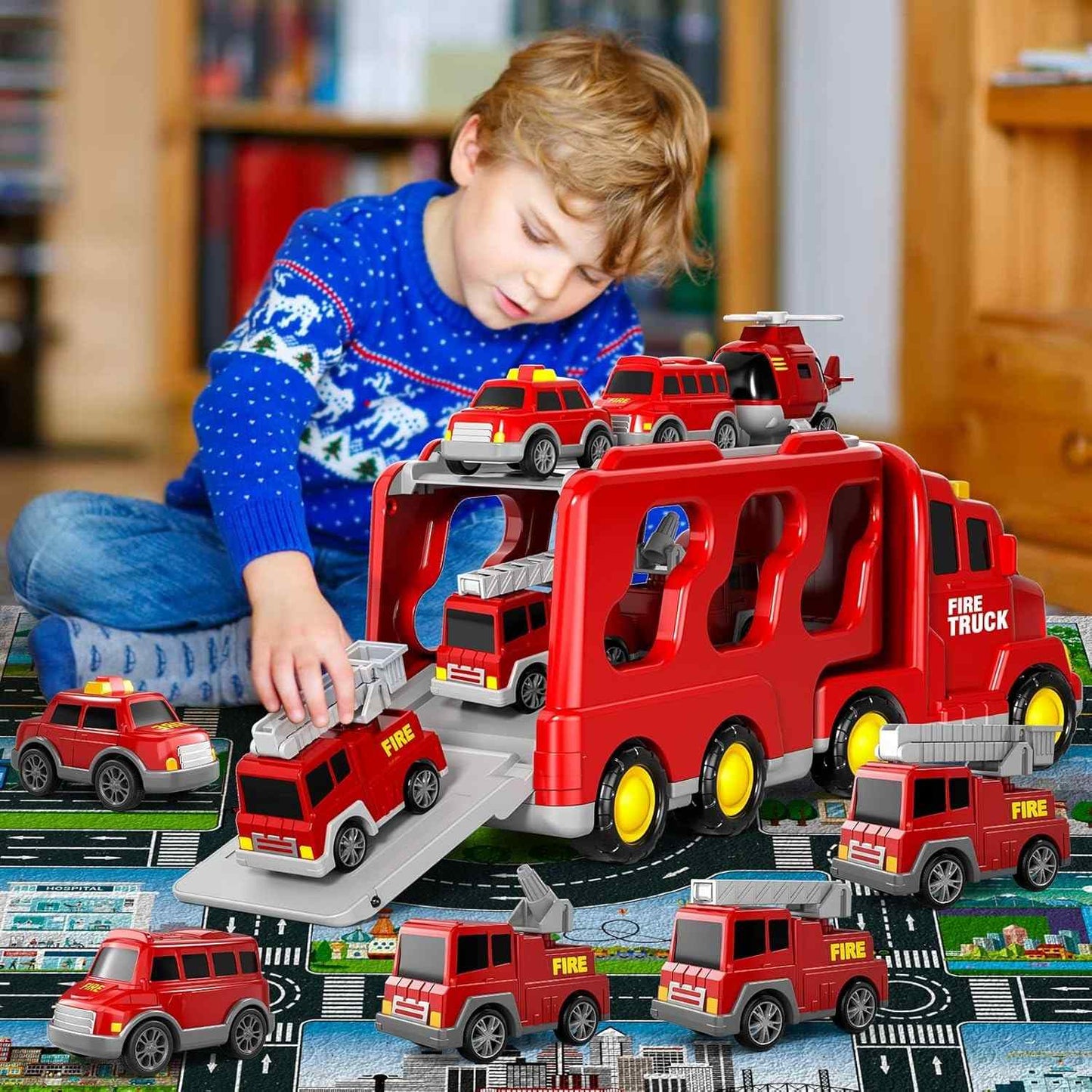 5-in-1 Rescue Vehicle Fire Truck with Inertial Friction Power, Rotatable Front Cab, Lights & Sound Effects, Safe for Ages 3+
