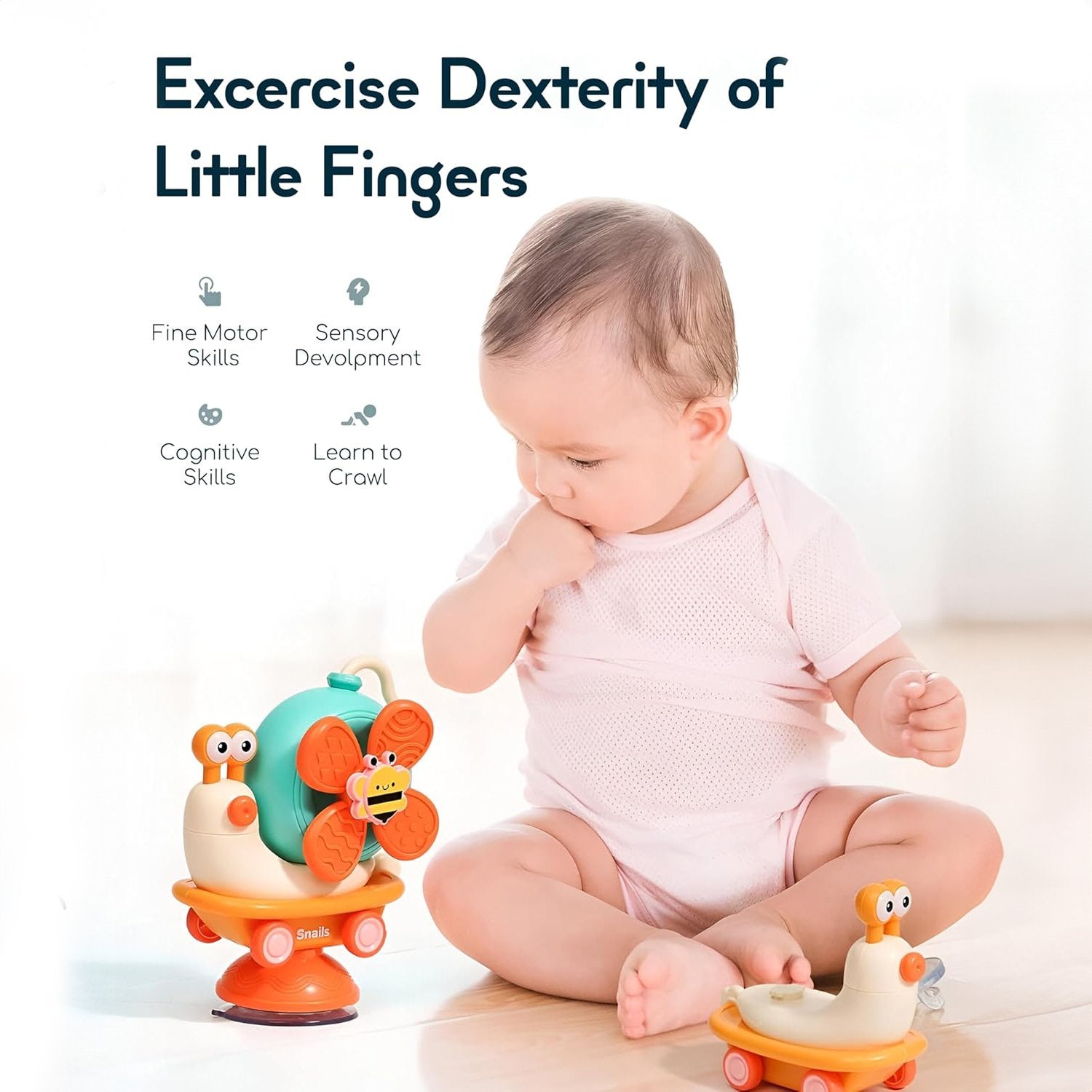 5-in-1 Snail Spinner Suction Toy, Montessori Baby Sensory Toy for Bath, Mealtime & Play, Safe for Ages 6 Months+