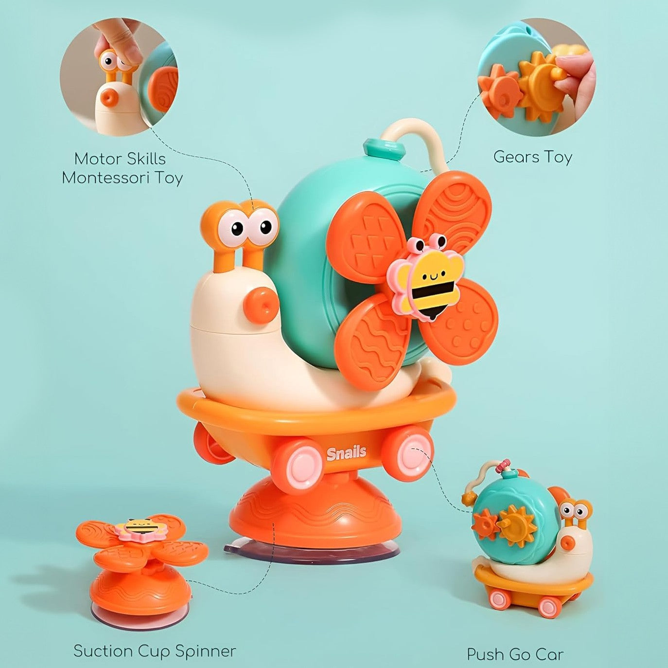 5-in-1 Snail Spinner Suction Toy, Montessori Baby Sensory Toy for Bath, Mealtime & Play, Safe for Ages 6 Months+