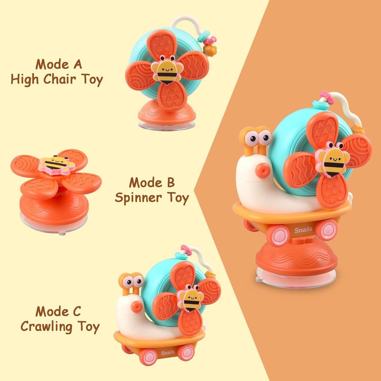 5-in-1 Snail Spinner Suction Toy, Montessori Baby Sensory Toy for Bath, Mealtime & Play, Safe for Ages 6 Months+