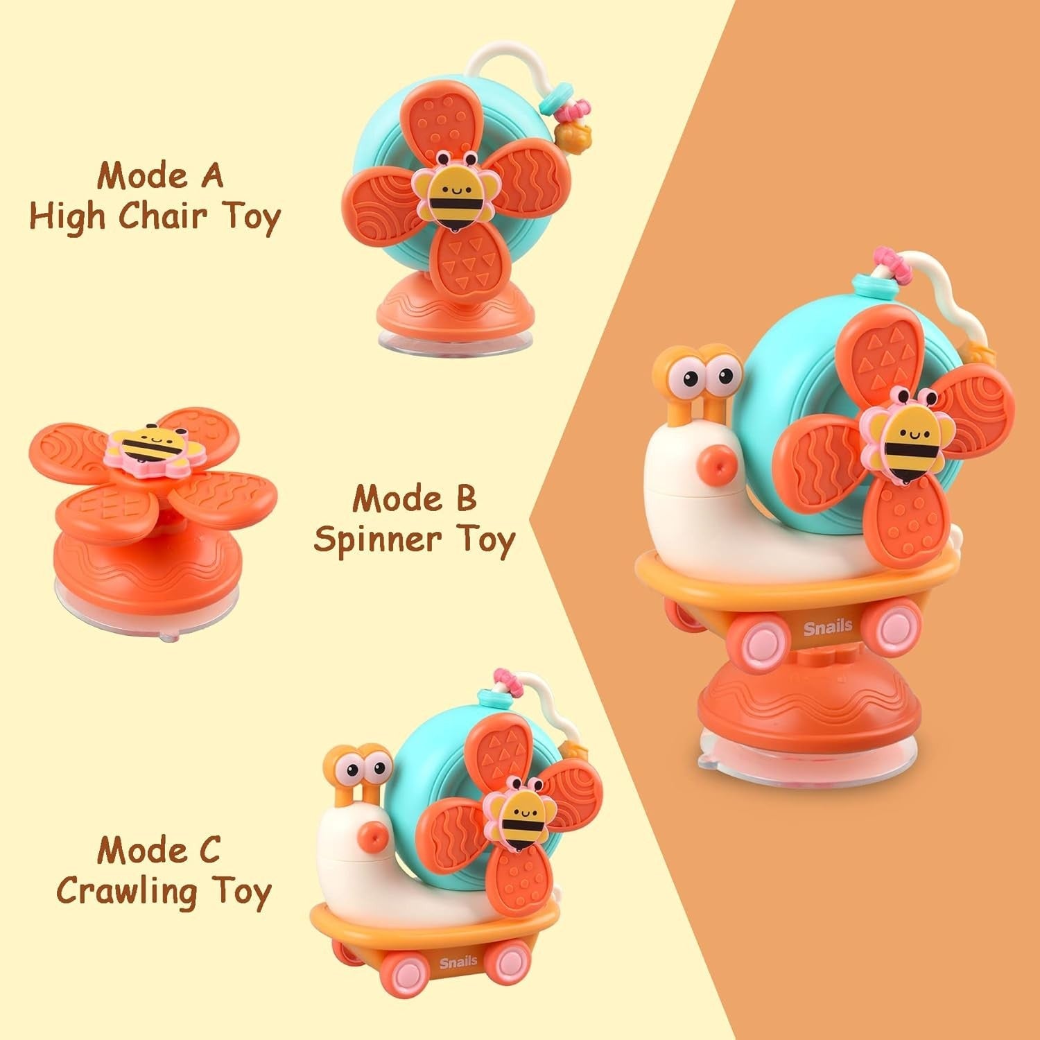 5-in-1 Snail Spinner Suction Toy, Montessori Baby Sensory Toy for Bath, Mealtime & Play, Safe for Ages 6 Months+