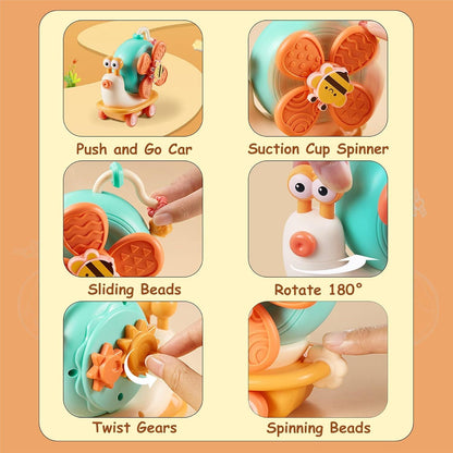 5-in-1 Snail Spinner Suction Toy, Montessori Baby Sensory Toy for Bath, Mealtime & Play, Safe for Ages 6 Months+