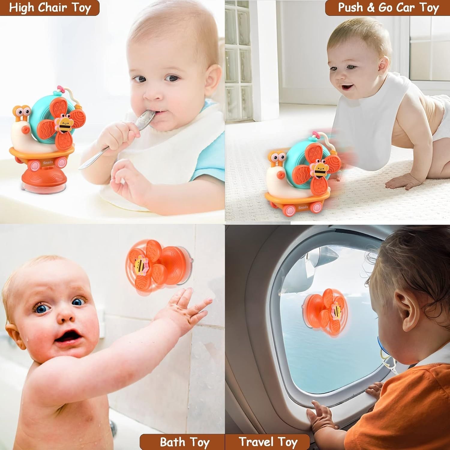 5-in-1 Snail Spinner Suction Toy, Montessori Baby Sensory Toy for Bath, Mealtime & Play, Safe for Ages 6 Months+