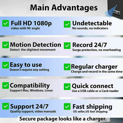 Compact 1080P Hidden Spy Camera Charger