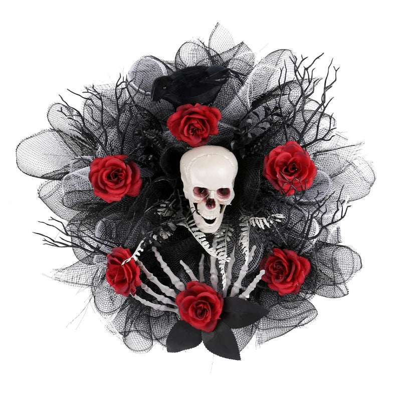 Spooky Red Flower Skull Wreath for Front Door