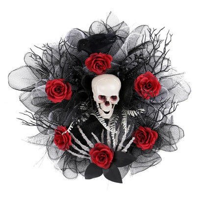 Spooky Red Flower Skull Wreath for Front Door