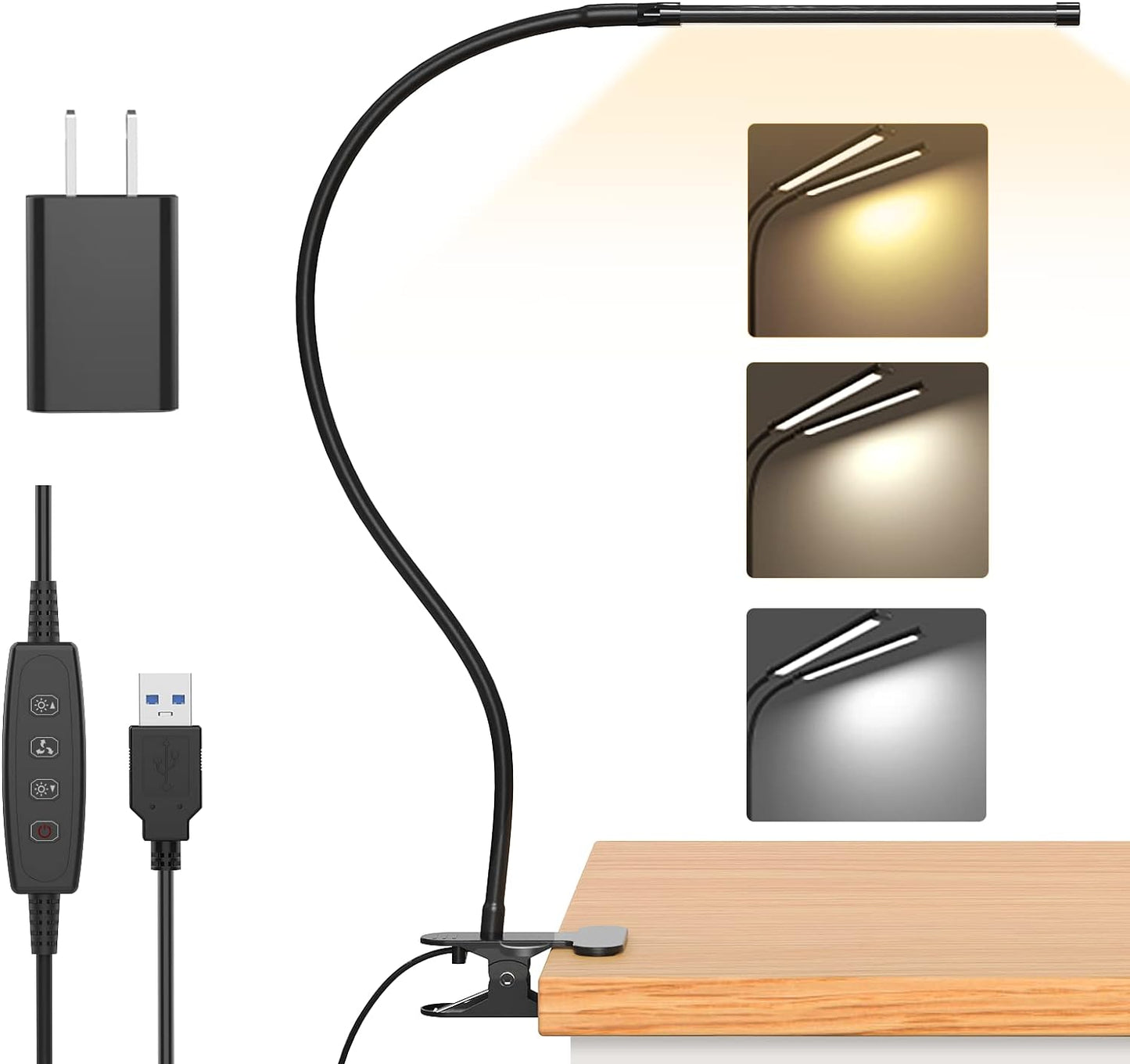 Bright LED Clamp On Desk Lamp with USB Charger - Pexav