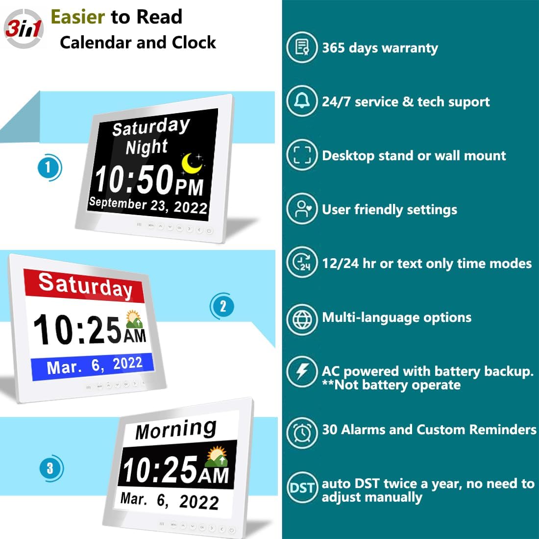 Large Display Digital Calendar Clock with Alarm Reminders