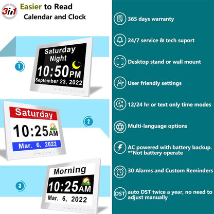 Large Display Digital Calendar Clock with Alarm Reminders