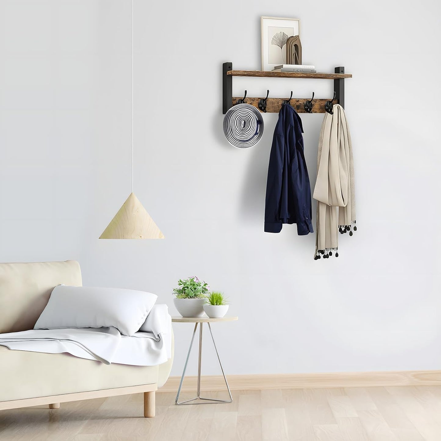 Space Saving Coat Rack with 5 Hooks and Storage Shelf