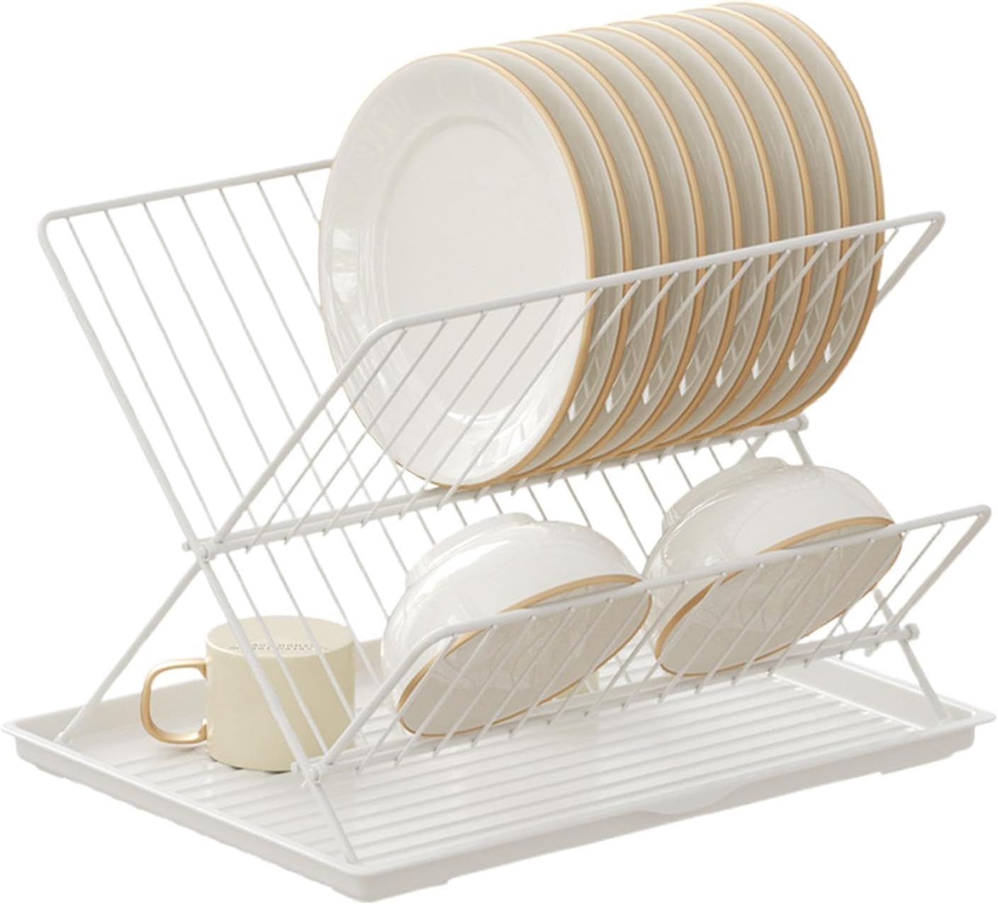 Space Saving 2 Tier Dish Rack with Removable Tray - Pexav