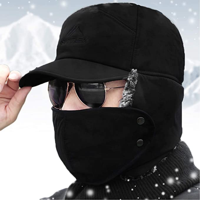 Warm Mens Snow Beanie Hat With Earflaps And Visor - Pexav