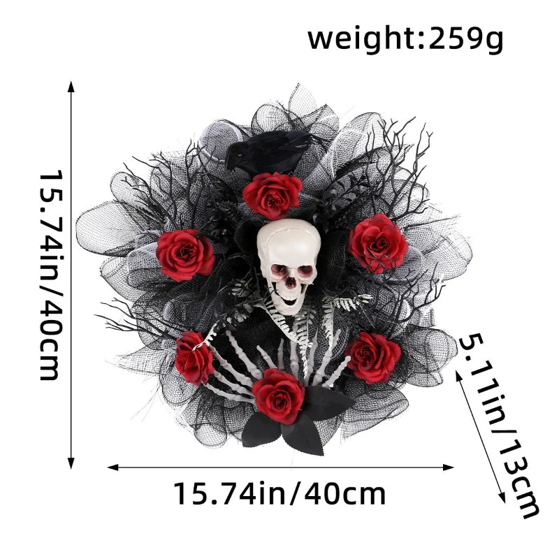 Spooky Red Flower Skull Wreath for Front Door