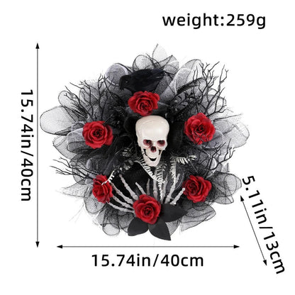 Spooky Red Flower Skull Wreath for Front Door