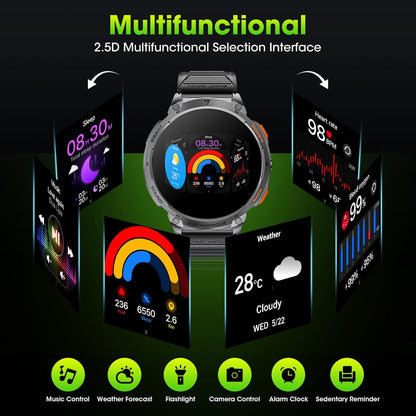 Tactical Smartwatch for Men with HD Display and Flashlight