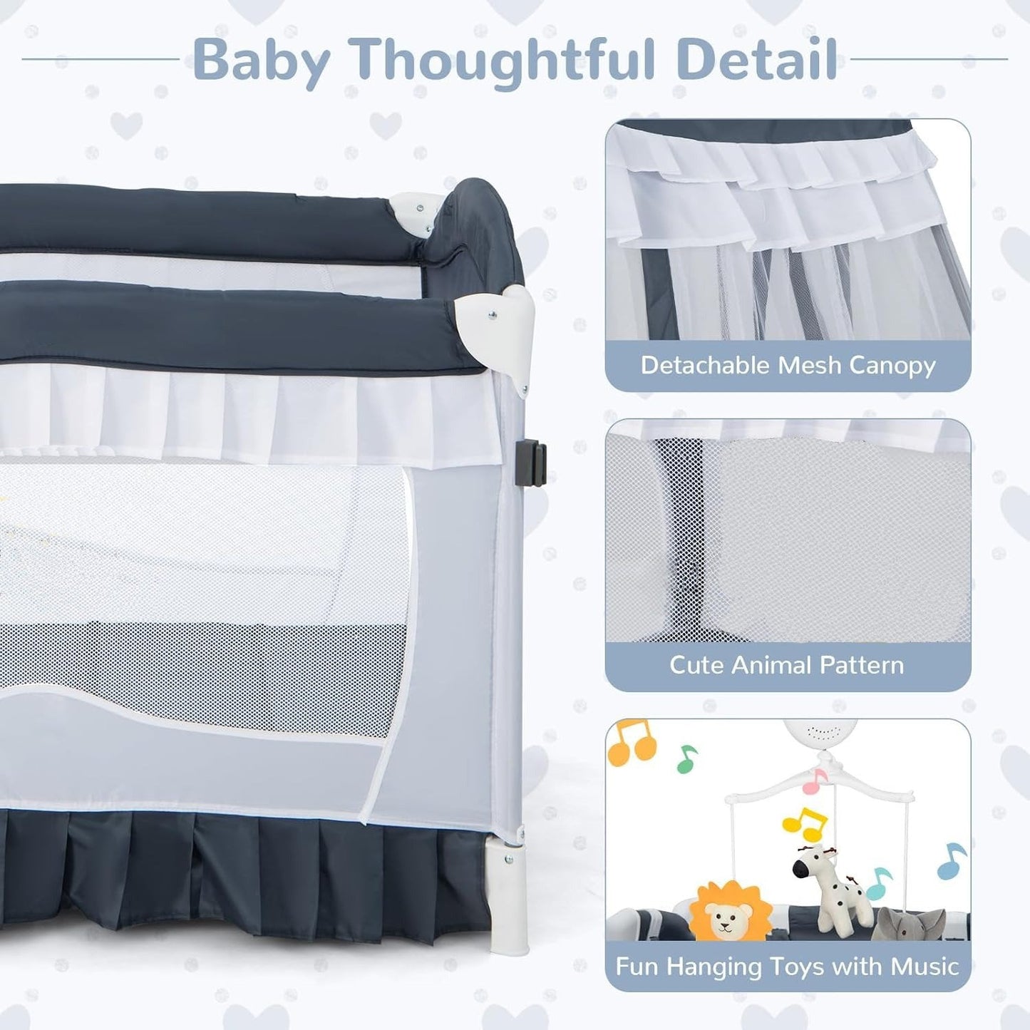 Compact Baby Playpen Crib Bed with Table and Canopy