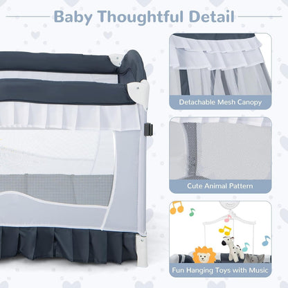 Compact Baby Playpen Crib Bed with Table and Canopy