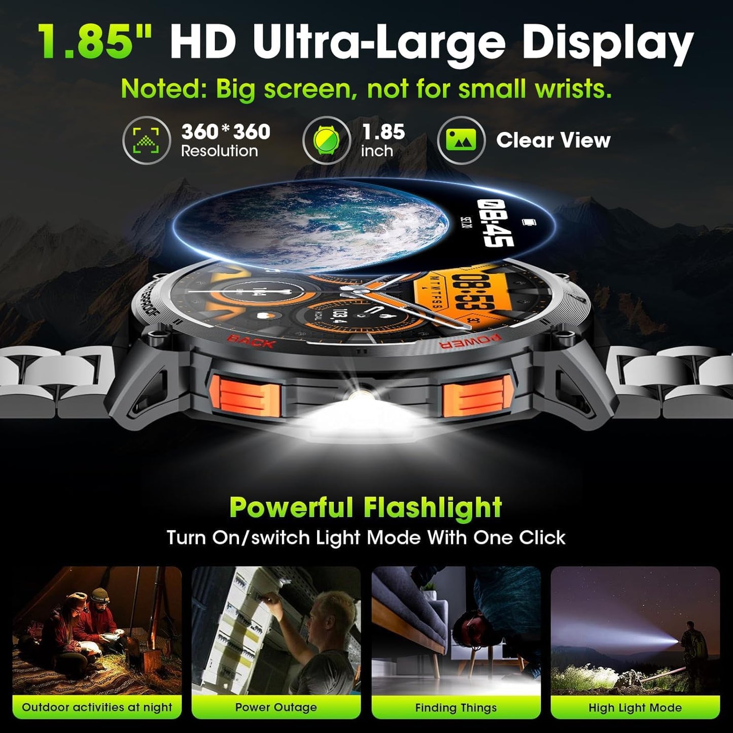 Tactical Smartwatch for Men with HD Display and Flashlight