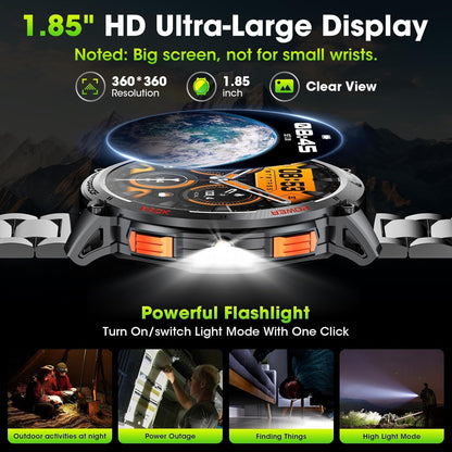 Tactical Smartwatch for Men with HD Display and Flashlight
