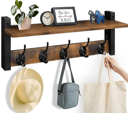 Space Saving Coat Rack with 5 Hooks and Storage Shelf