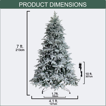 7Ft Snow Flocked Artificial Pre-lit Xmas Tree With Metal Stand, 300 Chasing Warm LED Lights - Until Times Up