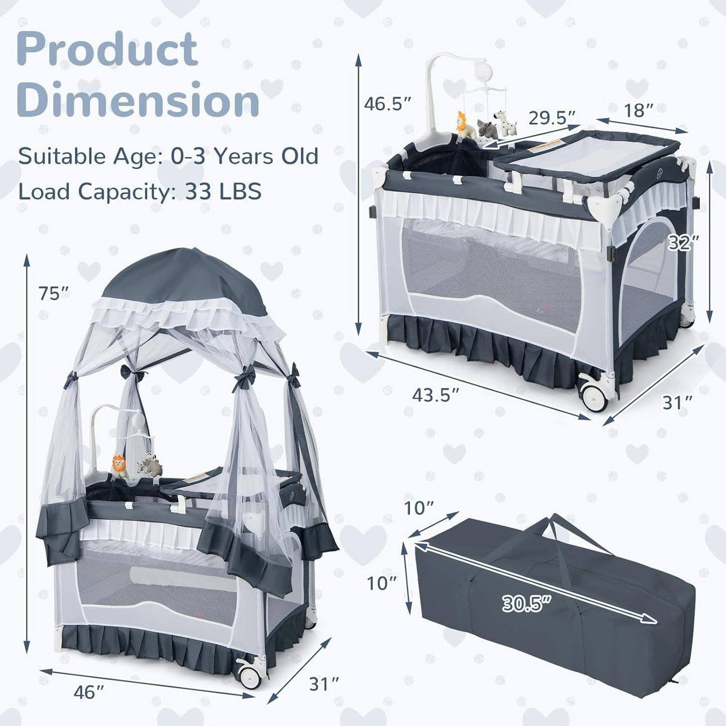 Compact Baby Playpen Crib Bed with Table and Canopy