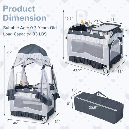 Compact Baby Playpen Crib Bed with Table and Canopy
