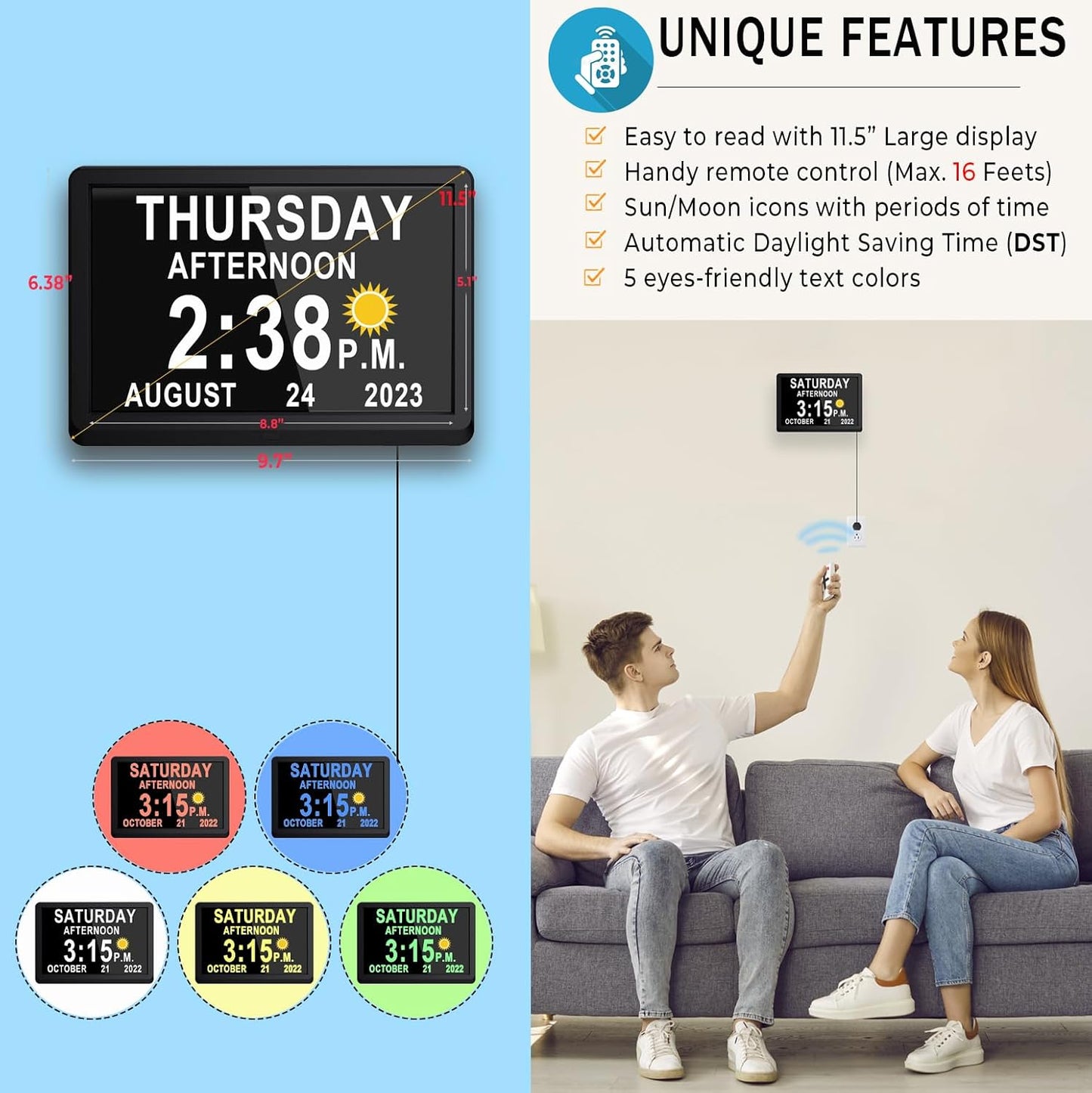 Large Display Digital Calendar Clock with Alarm Reminders