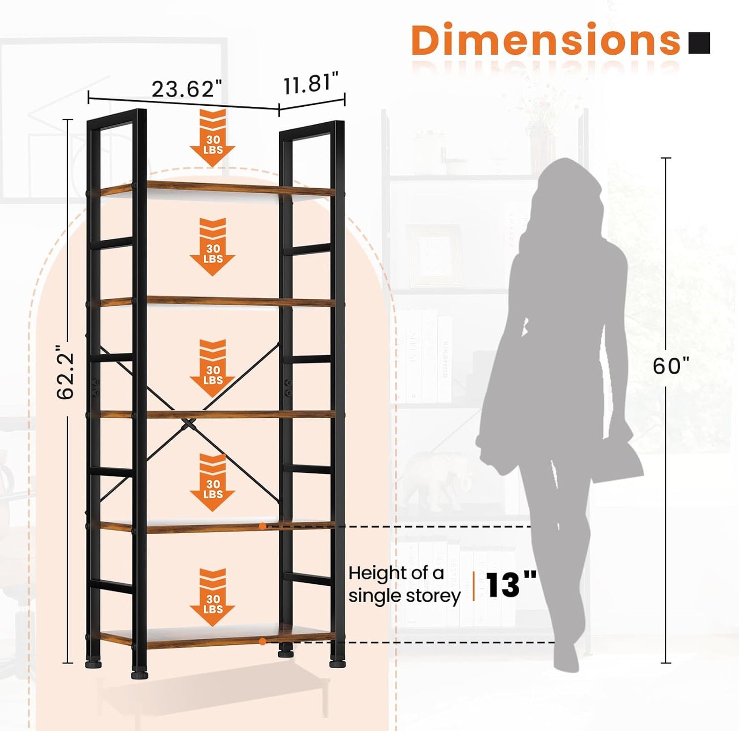 Tall 5 Shelf Storage Bookcase