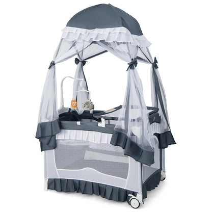 Compact Baby Playpen Crib Bed with Table and Canopy - Pexav