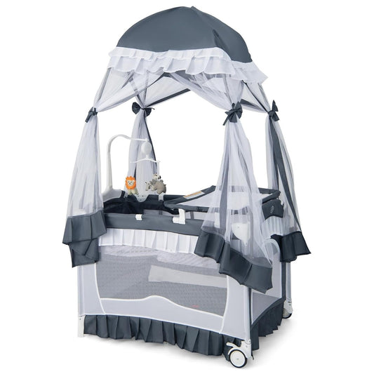Compact Baby Playpen Crib Bed with Table and Canopy - Pexav