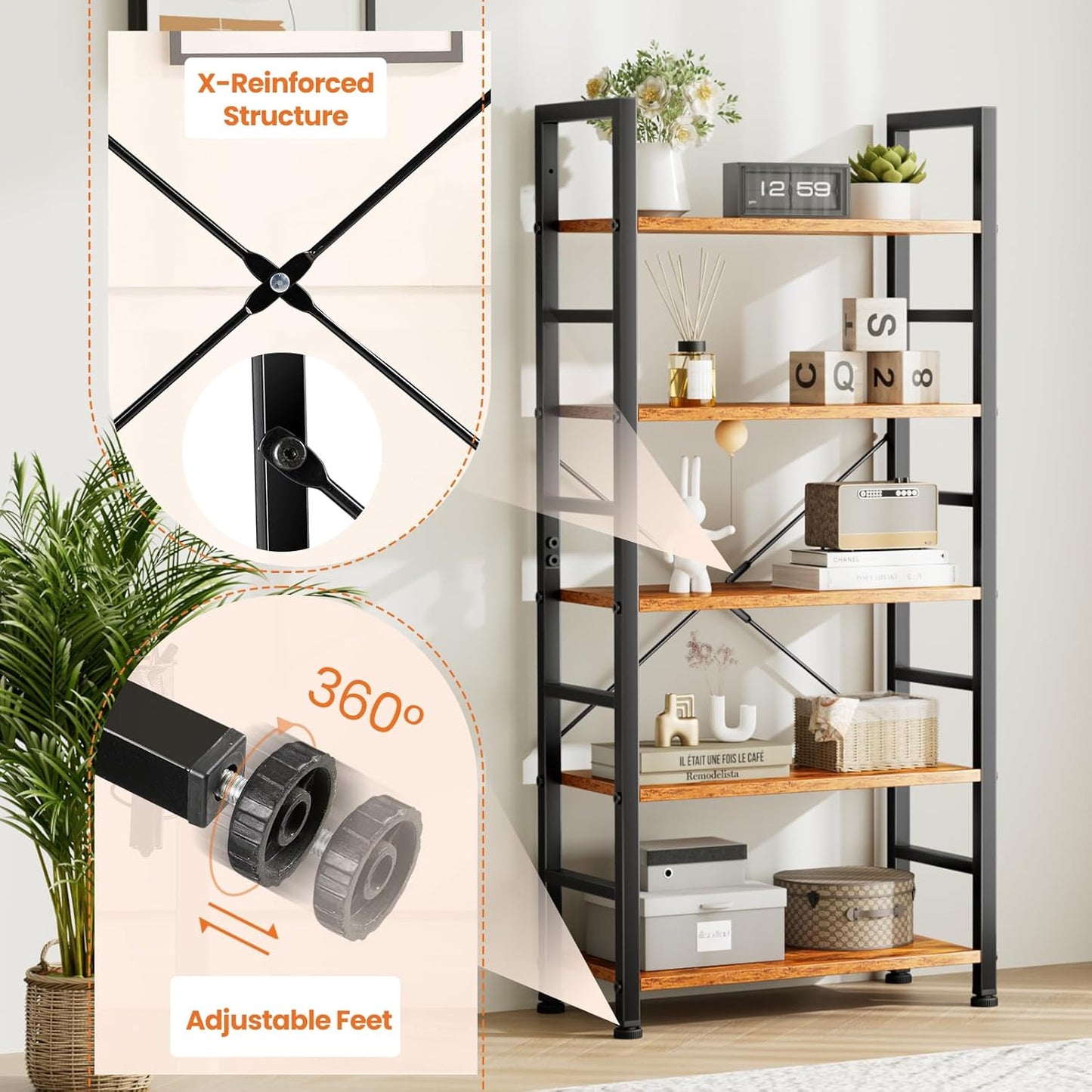 Tall 5 Shelf Storage Bookcase
