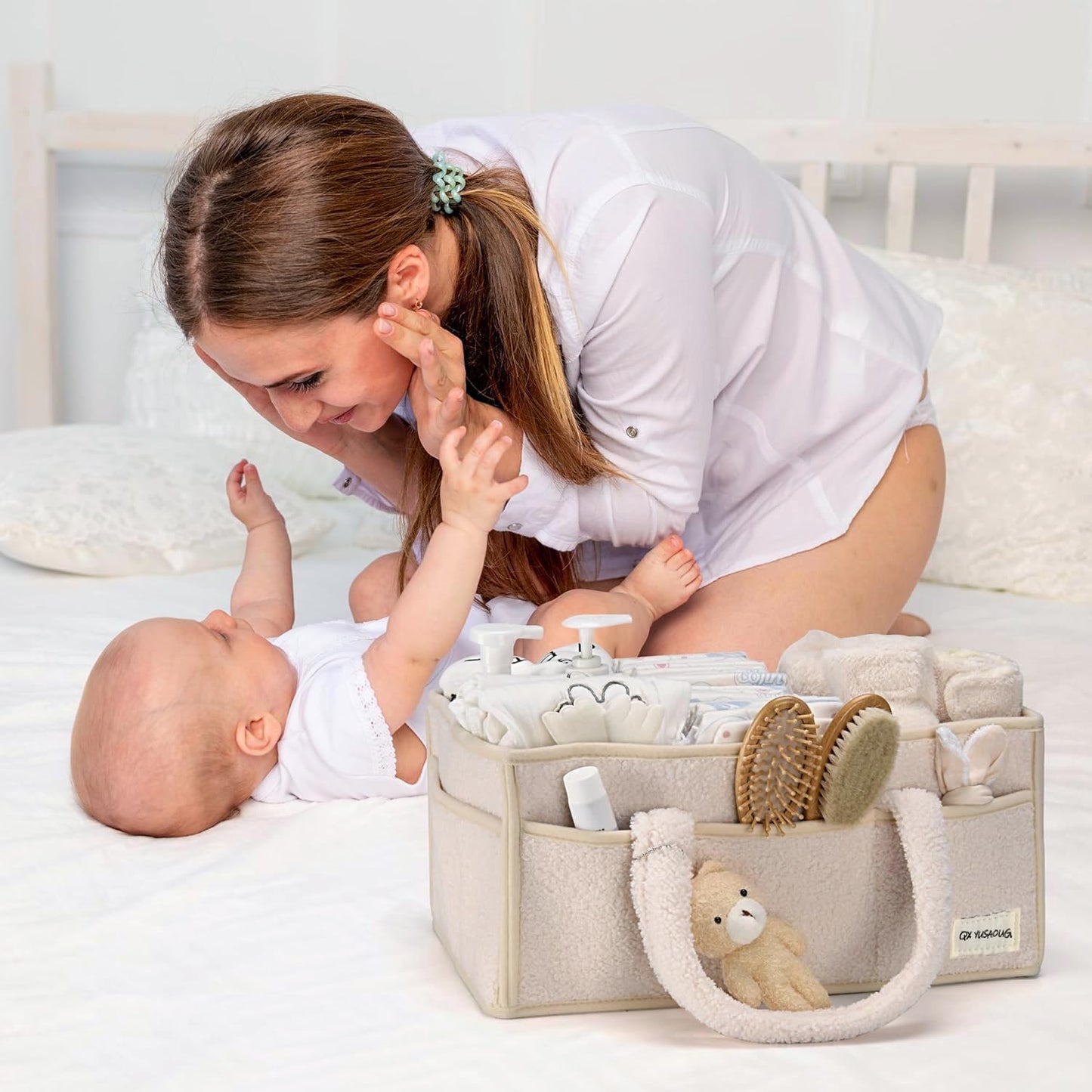 Soft Baby Diaper Caddy Storage Basket with Pockets