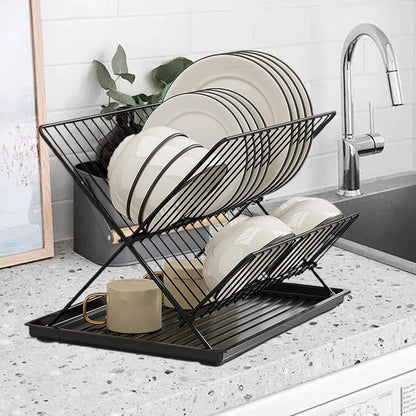 Space Saving 2 Tier Dish Rack with Removable Tray
